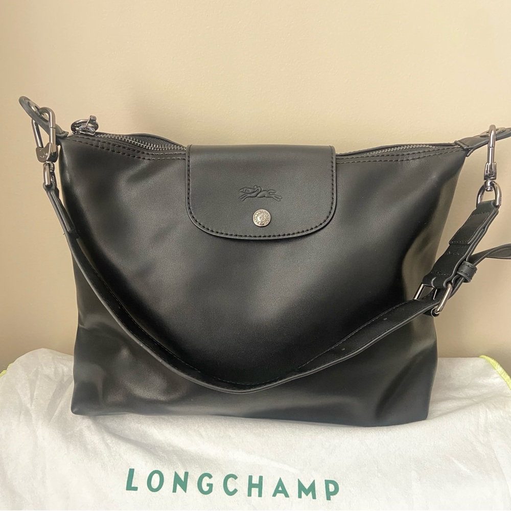 New Longchamp Le Pliage Leather Hobo Bag Black